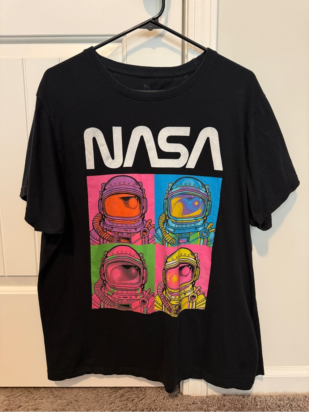Vintage NASA Black Short-Sleeve Graphic Tee with Pop-Color Astronauts